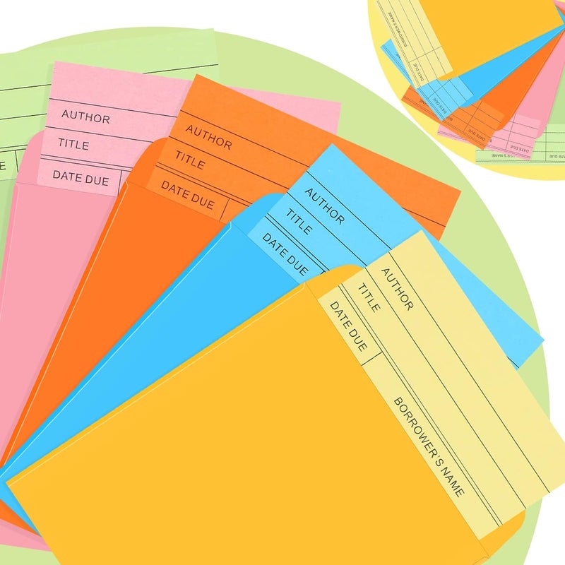 Eaasty 200 Pcs Library Pocket Envelopes and Books Cards Include 100 Self Adhesive Pocket Envelopes and 100 Check out Cards Library Supplies(Colorful Envelop, Colorful Card) - Image 5